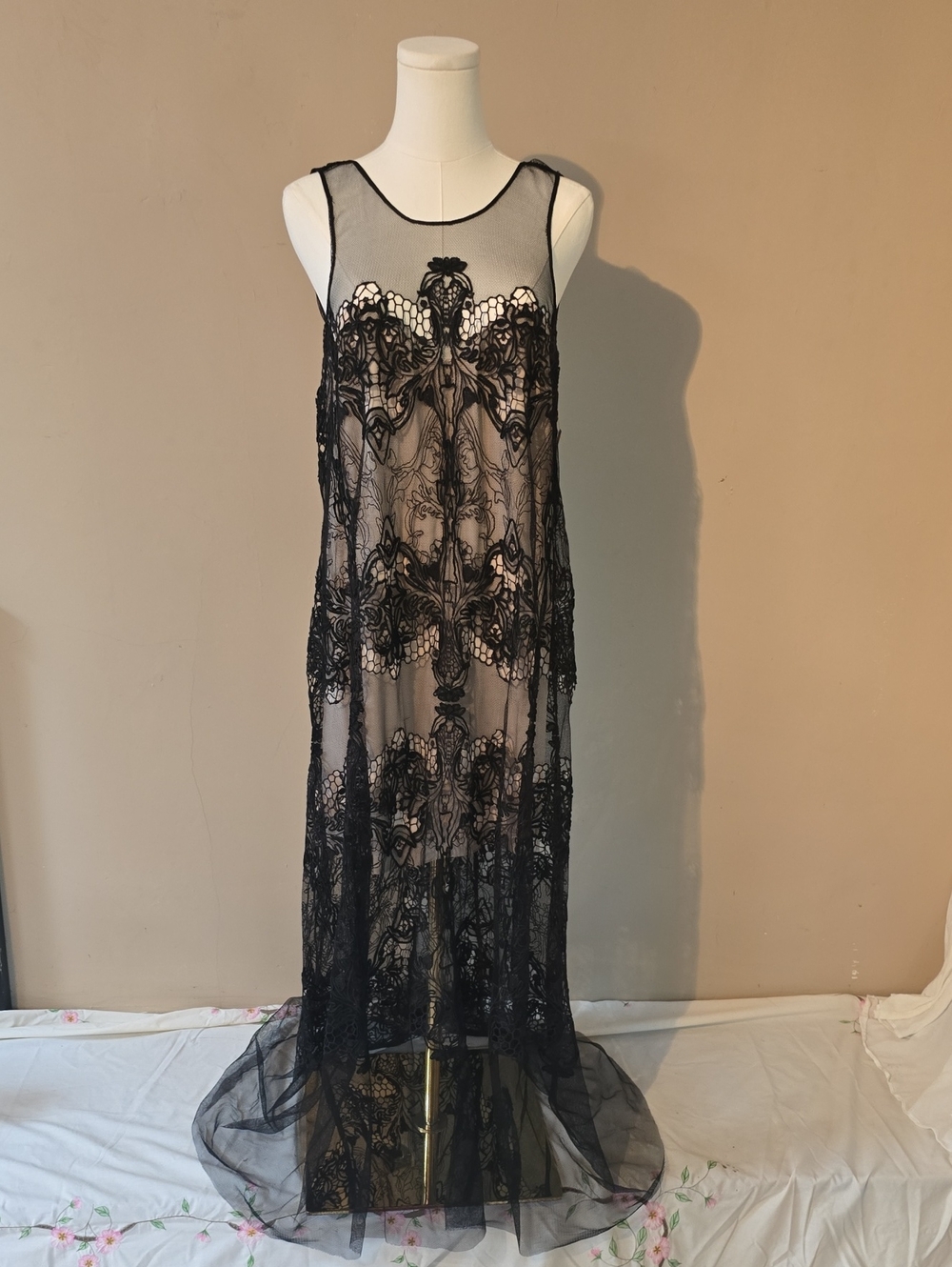 BCBGMaxAzria Black Sheer Lace Overlay Maxi Dress